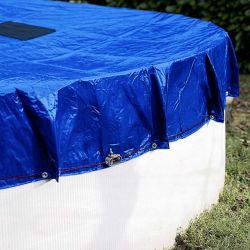 Bâche Piscine 4,2 m pour piscine diamètre 3,60 m- Ronde - Filet d'écoulement - Bleu - Résistante - Anti-UV - Œillets
